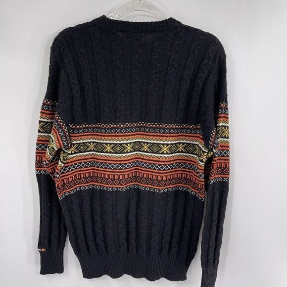 Vintage ELLESSE Wool Black 80s Mens Sweater L Italy Orange Cable knit Fishermens - Picture 2 of 6